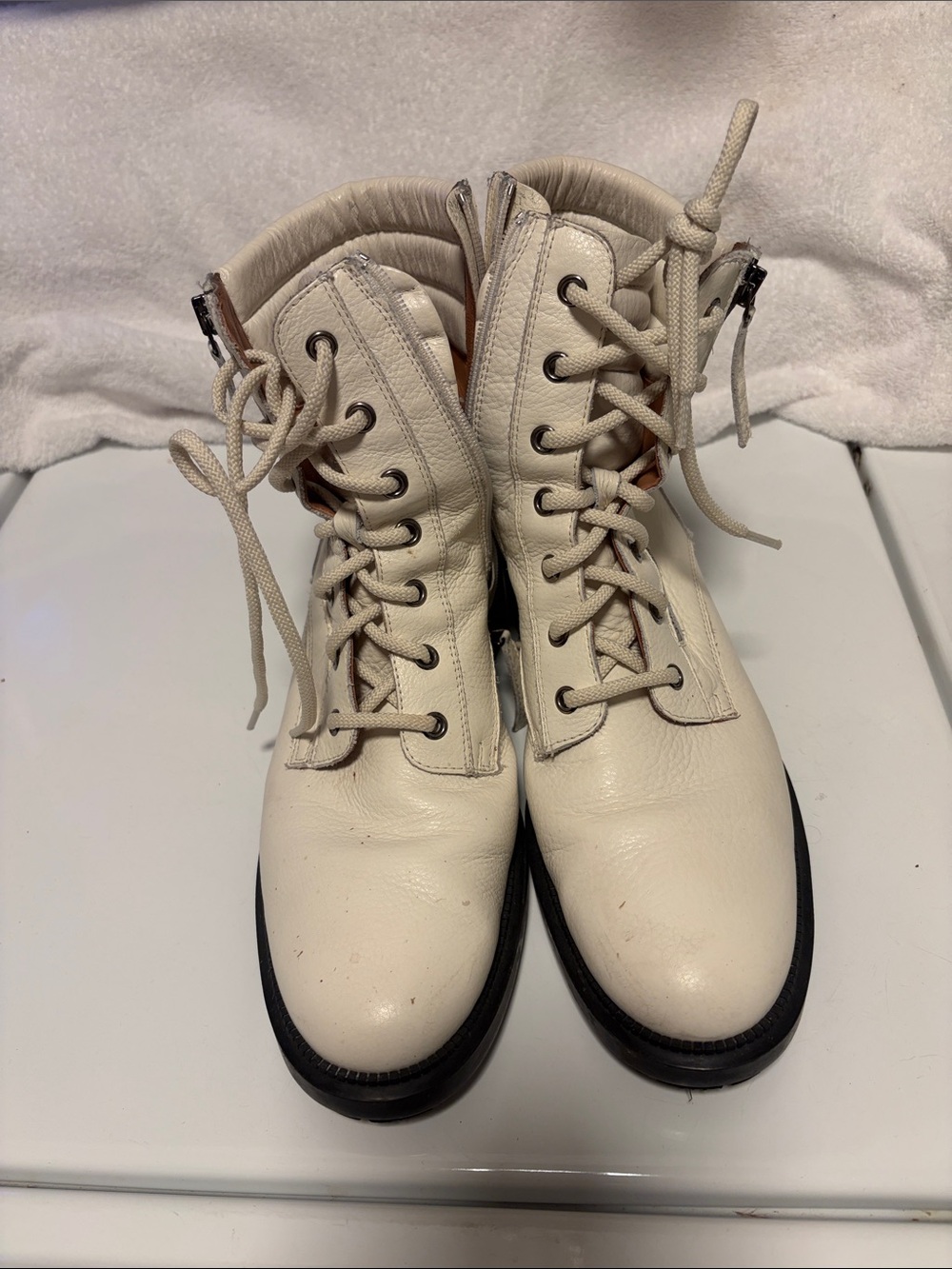 Aquatalia Lace-Up Cream Leather Boots